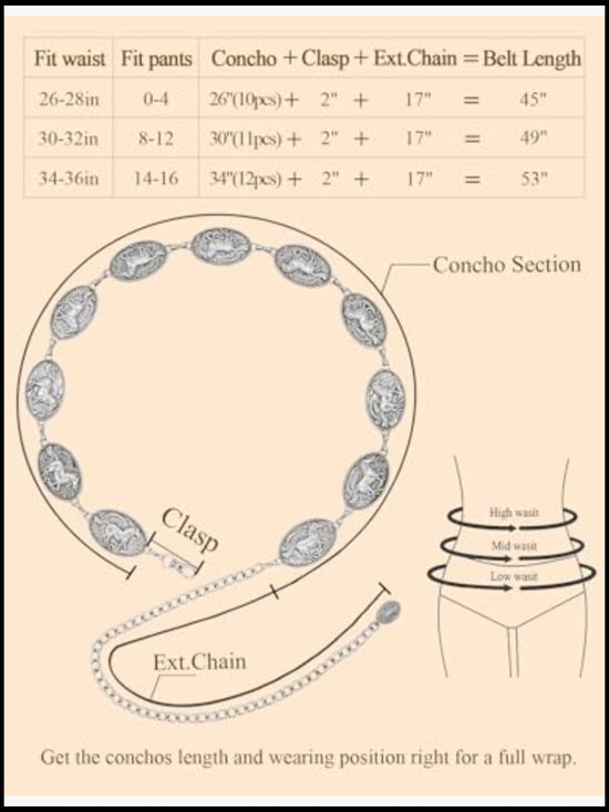 Western Chain Belt Metal Concho Belt for Dresses Jeans Country Concert